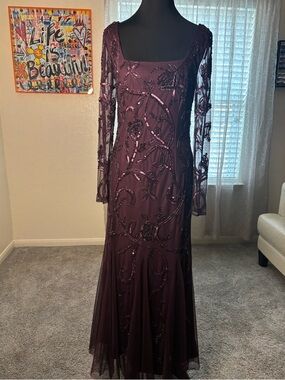Adrianna Papell Plum Beaded Long Sleeve Evening Gown